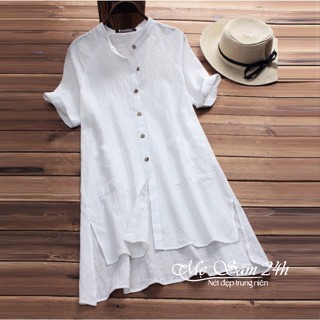 Áo sơ mi váy Mẹ Sam 24h chất liệu đũi mềm mát form dài rộng giấu quần che khuyết điểm SMH.35