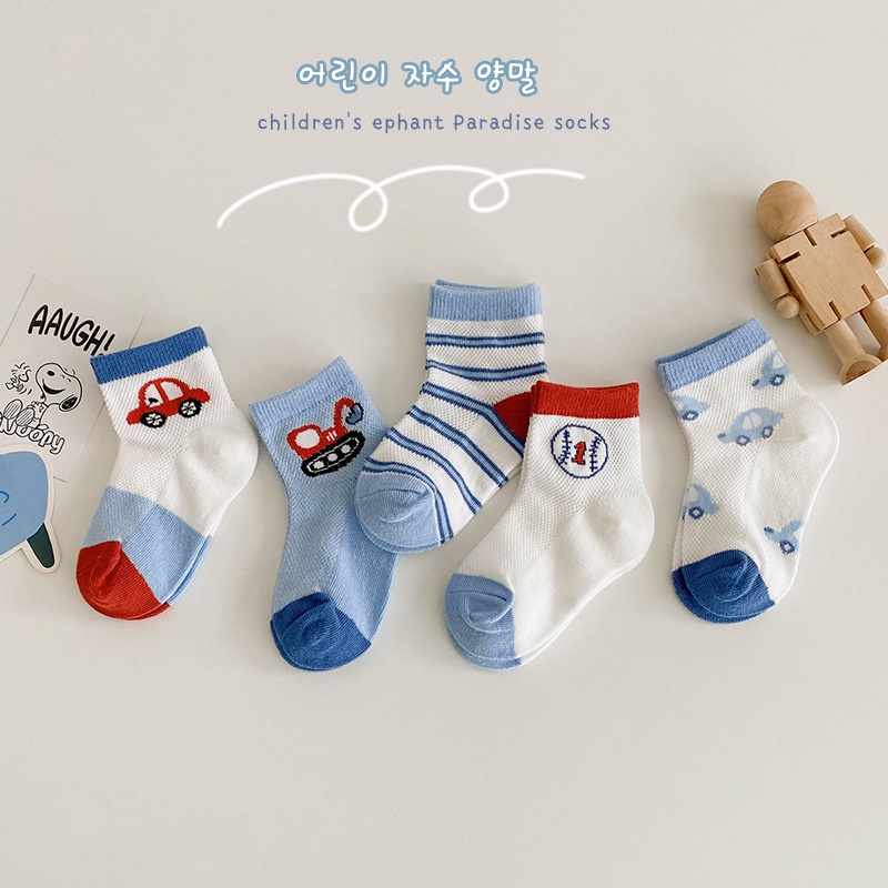 Set 5 đôi vớ KOKOROCARE MSW-76 họa tiết Dudu Car hoạt hình phối lưới thoáng khí cỡ S/ M/ L cho bé trai 1-8 tuổi