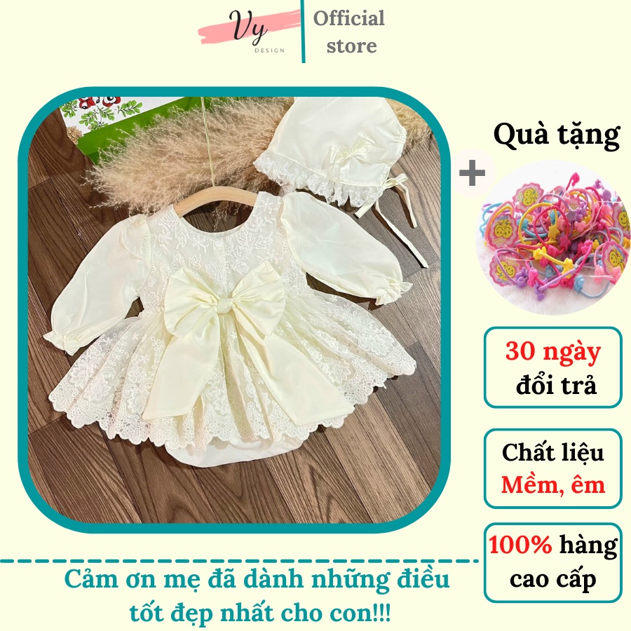 Váy Bé Gái Sơ Sinh Thiết Kế Cao Cấp Kèm Mũ, Váy Tết Cho Bé, Đầm Đầy Tháng, Váy Sơ Sinh Chất Mềm Mát