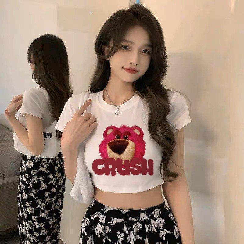 Áo croptop tay ngắn PINKSTORE29 kiểu cổ tròn, in hình gấu CRUSH A5569 | BigBuy360 - bigbuy360.vn