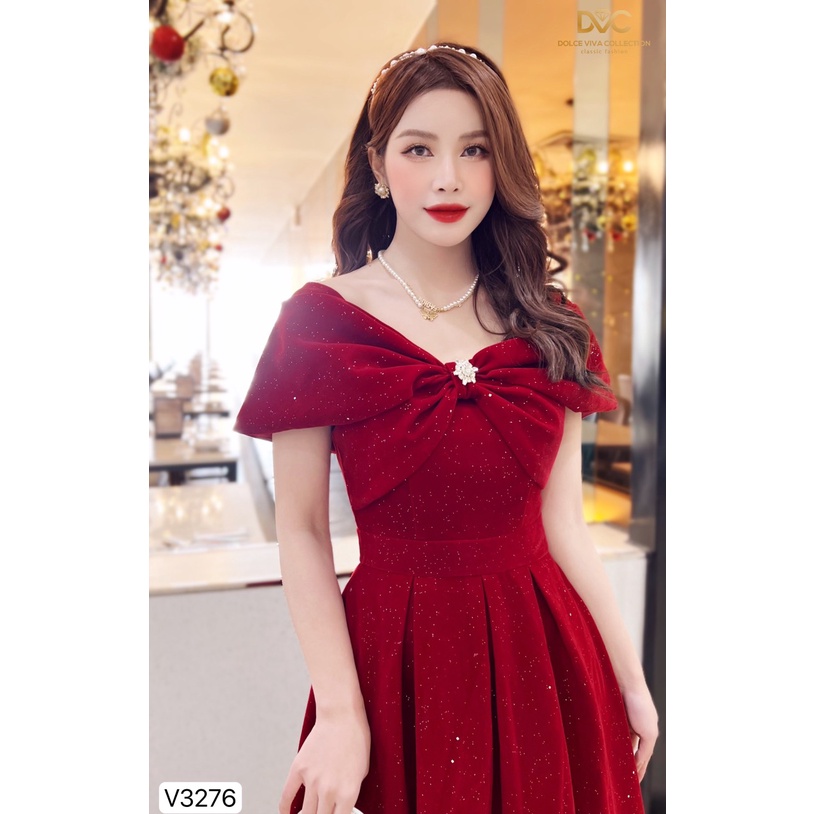 Váy nhung đỏ trễ vai nơ dáng xòe lấp lánh thiết kế cao cấp V3276- DVC