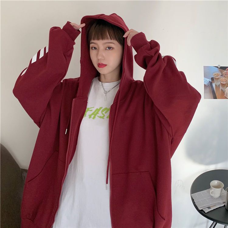 IELGY Áo Hoodie Mỏng Dáng Rộng Phối Khóa Kéo Phong Cách Hàn Quốc Cho Nữ