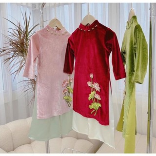 [8-25kg] Áo Dài Cách Tân Cho Bé Gái Cao Cấp Kèm Bờm Ngọc Chất Nhung, Gấm Hoa Cao Cấp