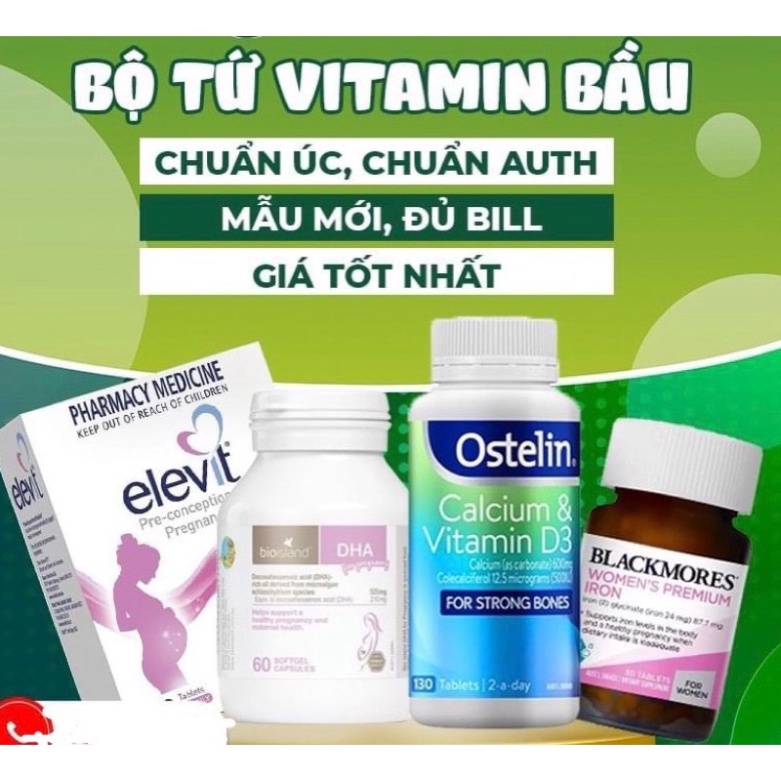 [Date mới] COMBO BẦU ÚC - BỘ TỨ Vitamin Úc - ELEVIT bầu, CANXI bầu, DHA bầu, SẮT bầu -Chính Hãng