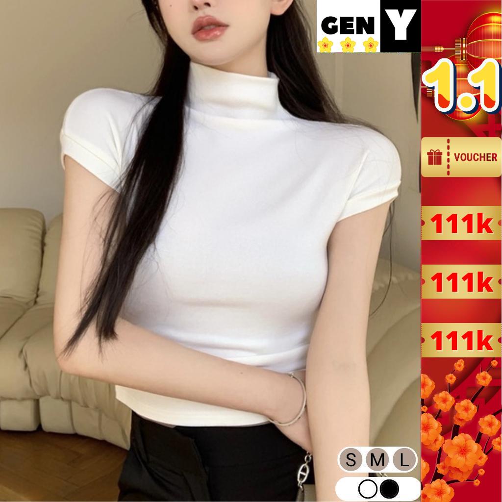 Áo croptop nữ cổ lọ ngắn tay cực xinh GenY, Áo kiểu nữ trơn cổ cao ôm body siêu tôn dáng chất vải borip dày dặn -C23-