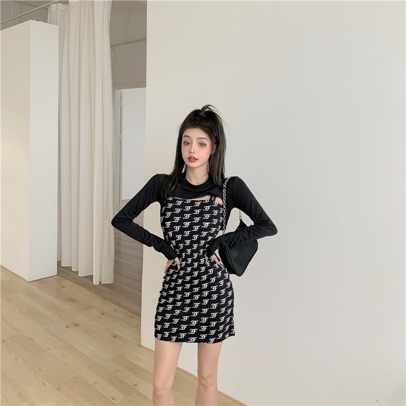 IELGY Bộ Áo Thun Dài Tay In Họa Tiết + Đầm Không Tay Xinh Xắn Dành Cho Nữ