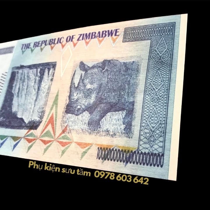 Tờ Lưu Niệm 100 Tỷ Tỷ Zimbabwe Hình Tê Giác, kích thước: 16.5cmx7.5cm, màu trắng - SP005991