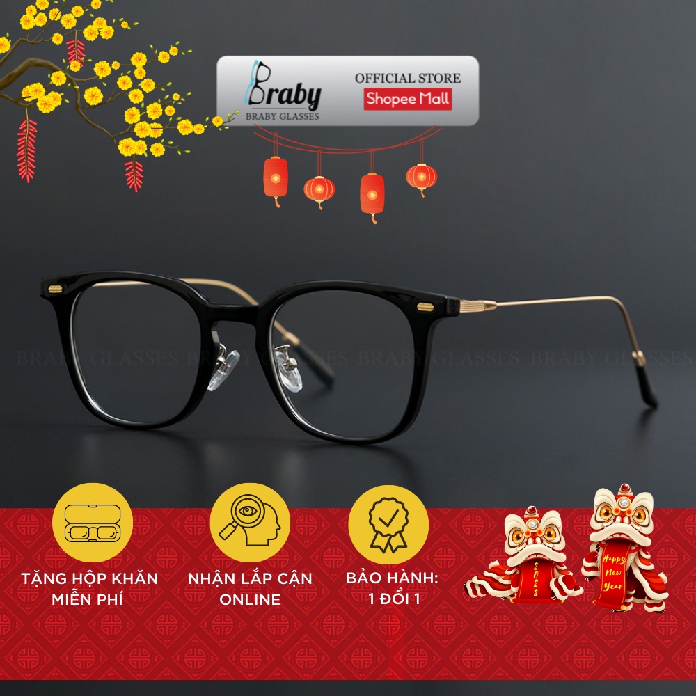 Gọng kính cận mắt vuông Braby Glasses chất liệu kim loại kết hợp nhựa thời trang nam nữ tinh tế, sành điệu MK18