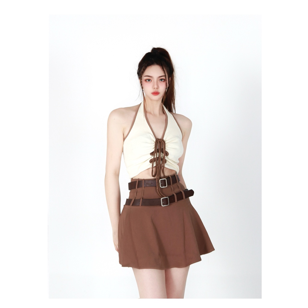 Áo ba lỗ sát nách, croptop, ôm body, có dây rút, phong cách Hàn Quốc 2022 và chân váy chữ A, xếp ly, hot trend genzzz | BigBuy360 - bigbuy360.vn