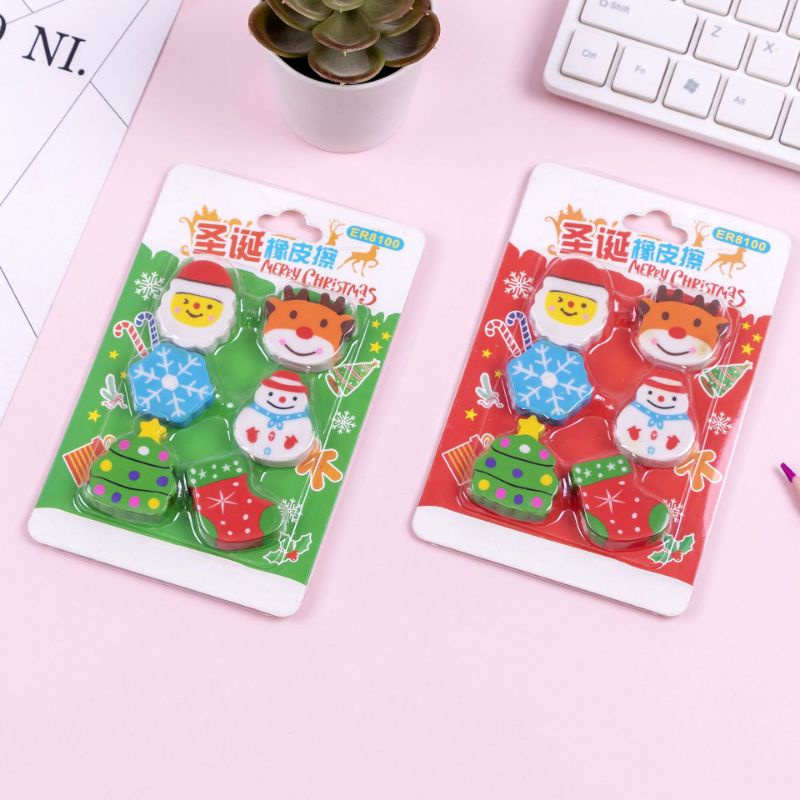 Hộp tẩy bút chì ông già noel gồm nhiều cục tẩy bút chì chủ đề giáng sinh đồ dùng học tập làm quà noel