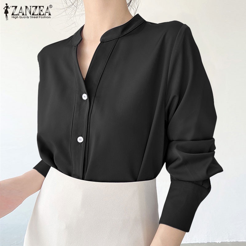 Áo sơ mi ZANZEA tay dài cổ đứng bằng satin thời trang dành cho nữ