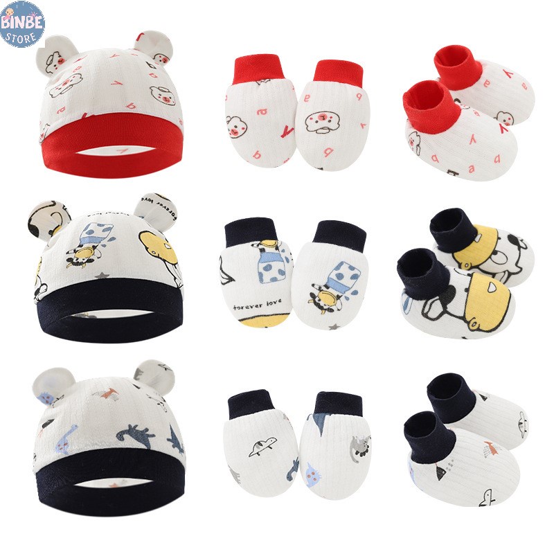 Mũ cho bé sơ sinh, set mũ bao chân tay cho bé trai bé gái từ 0-6 tháng tuổi Binbestore