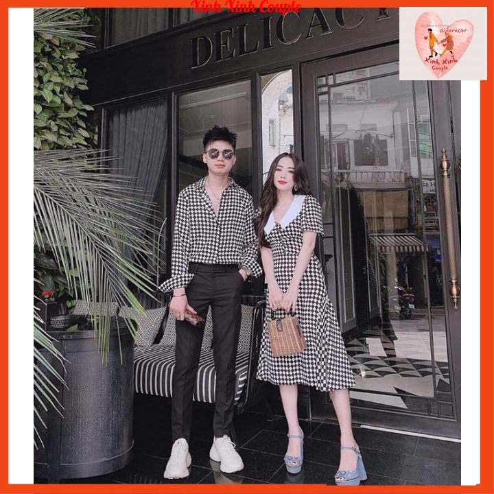 Set đồ đôi áo sơ mi nam đầm nữ couple, trẻ trung thời trang hàn quốc