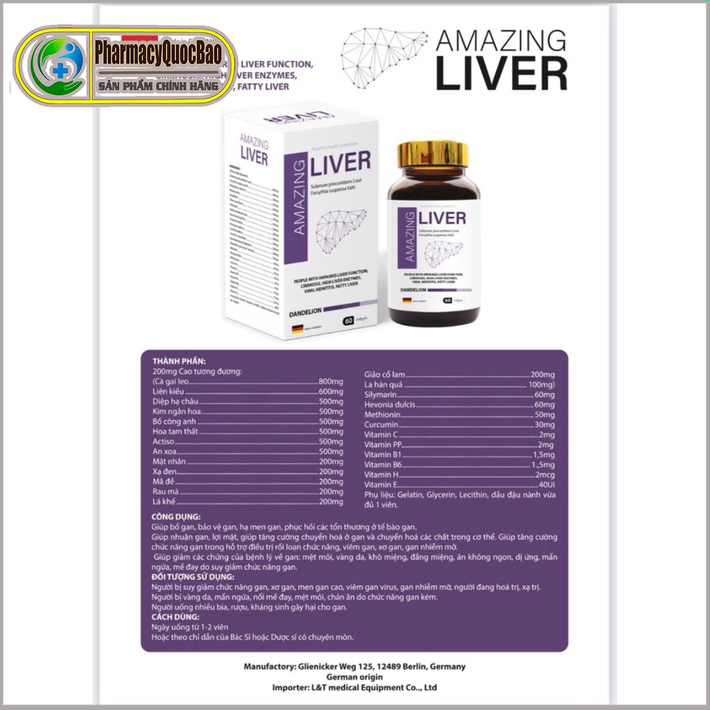 Viên uống bổ gan AMAZING LIVER - Bảo vệ gan, hạ men gan, phục hồi các thương tổn ở tế bào gan Hộp 60 viên Nhập khẩu Đức
