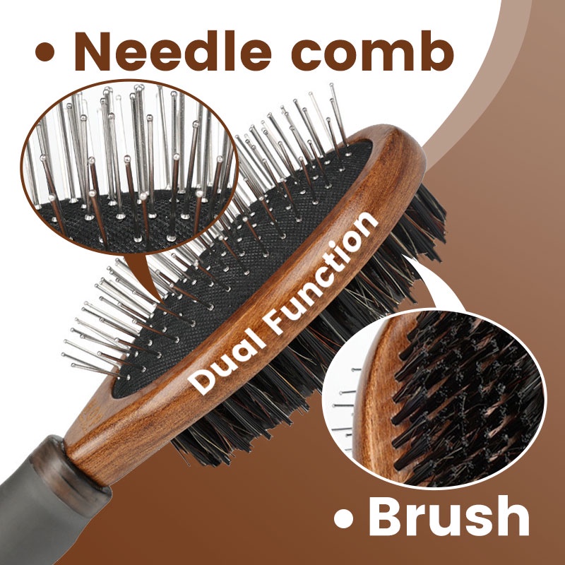 HamshMoc Lược Chải Lông Thú Cưng Hai Mặt Với Tay Cầm Bằng Gỗ Tiện Lợi
