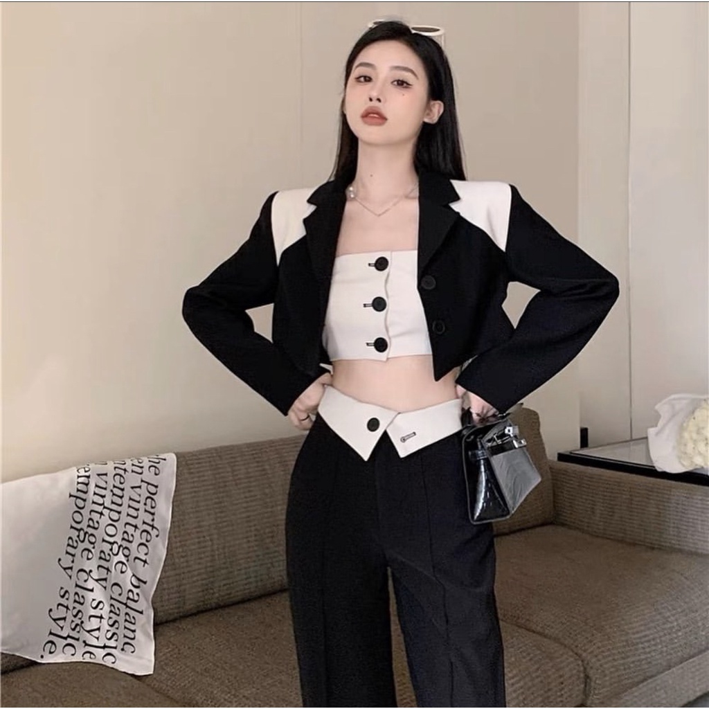Set áo khoác blazer dáng ngắn + áo ống cài nút và quần lật lai thời trang giống Jennie Blackpink