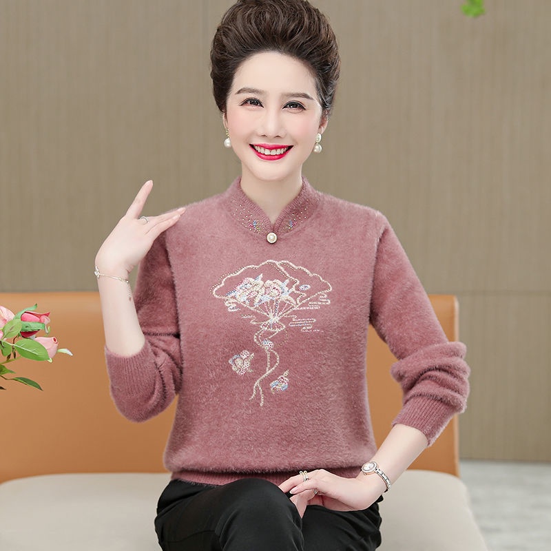 Xuân hạ thu đông áo len mới của mẹ nhung lông chồn người trung niên và người cao tuổi cổ sườn xám cỡ lớn