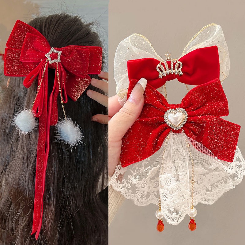 Kẹp Tóc Hình Vương Miện Vải Nhung Đính Nơ Tua Rua Màu Đỏ Mừng Năm Mới