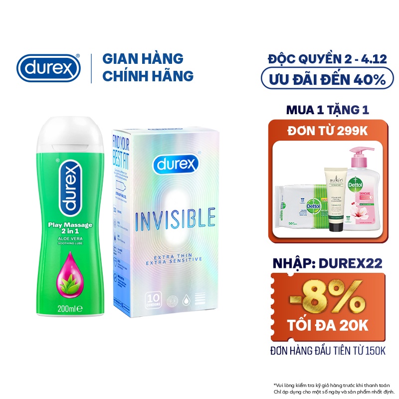 Combo 1 hộp Bao cao su Durex Invisible 10s (10 bao) và 1 chai Gel Massage 2n1 200ml
