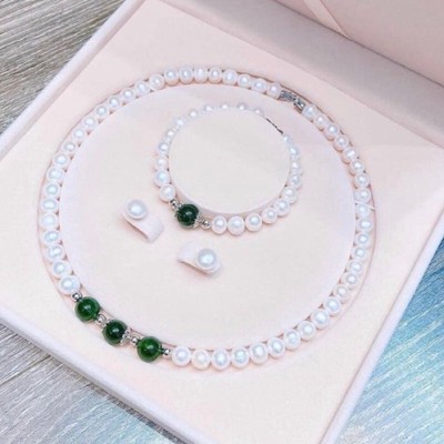 Bộ Trang Sức Ngọc Trai Bạc 925 Mix Đá Xanh Sang Trọng, Thanh Lịch Làm Quà Tặng, Dự Tiệc - Ngọc Trai Trường Thịnh