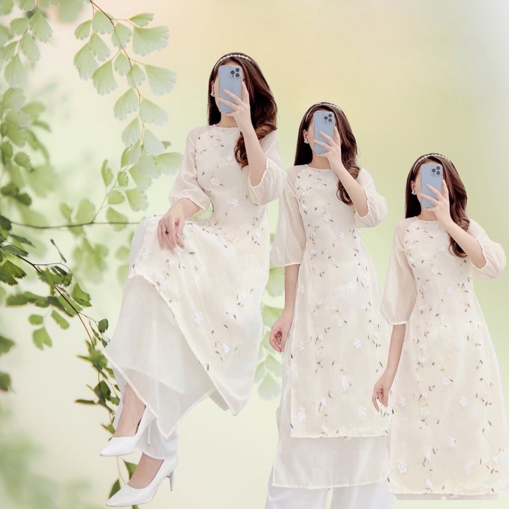 Set áo dài cách tân du xuân hoa nổi 3D chất voan siêu xinh