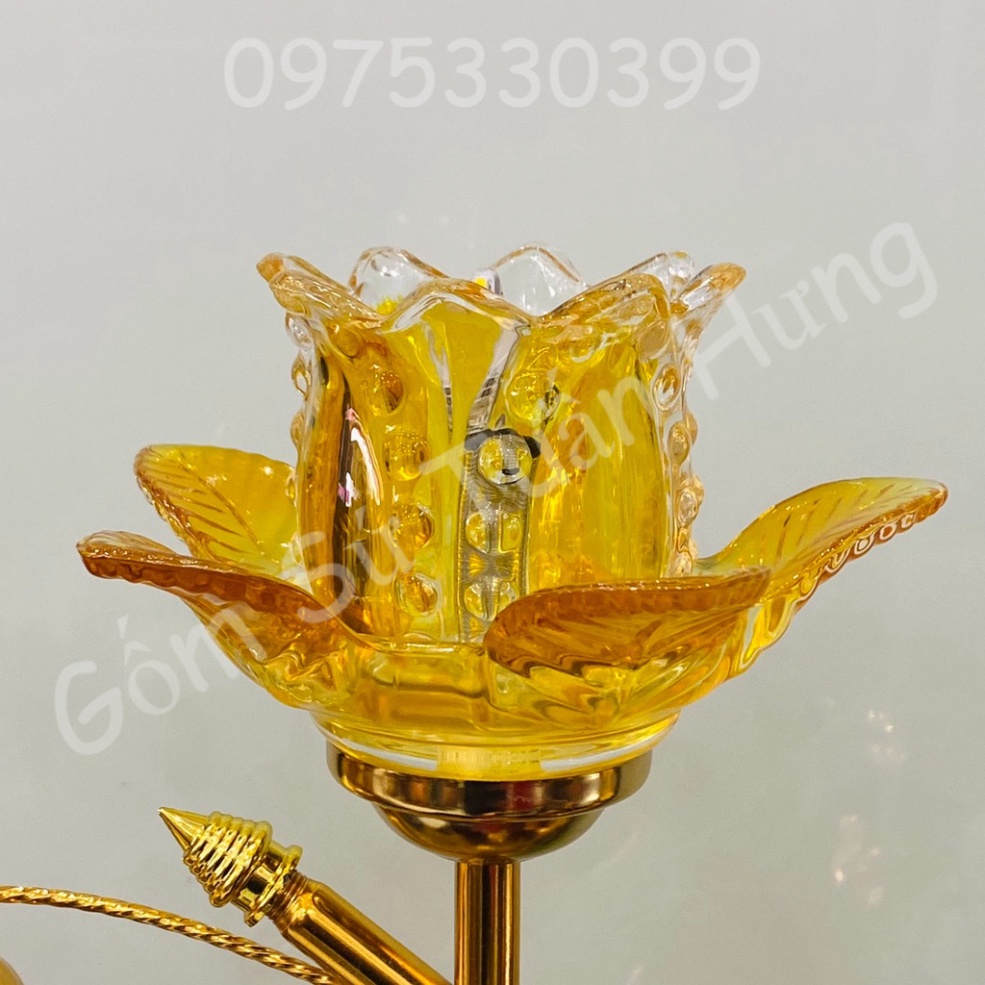 Đèn thờ hoa sen bông thủy tinh ánh sáng vàng, đèn thờ thủy tinh ba bông