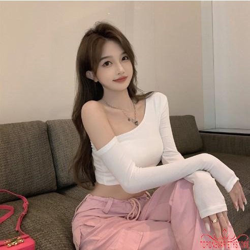 Áo Croptop Trễ Vai Tay Dài Màu Trơn Thiết Kế Đơn Giản Cho Nữ