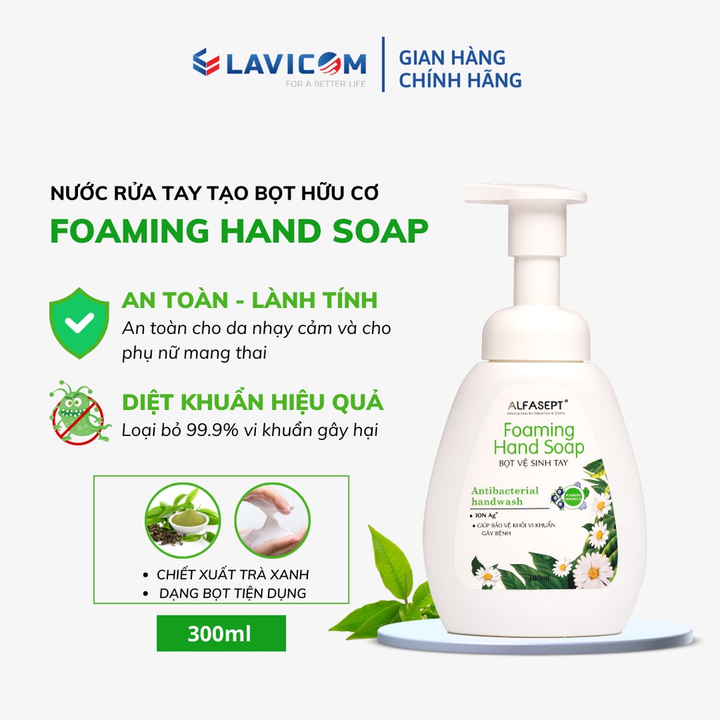 Nước rửa tay tạo bọt hữu cơ ALFASEPT Foaming Hand Wash hương trà xanh 300ml diệt khuẩn và dưỡng ẩm da tay
