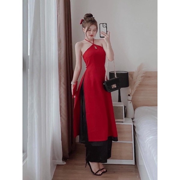 Áo dài yếm dây cách tân 2 tà kèm quần lụa