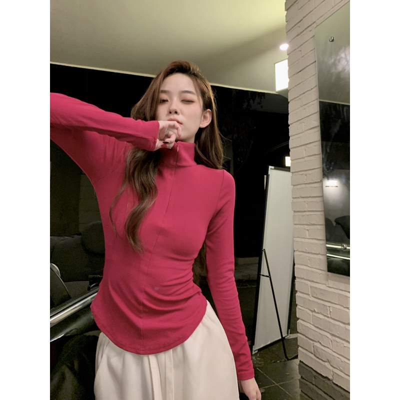 Áo thun ZHELIHANGFEI tay dài cổ đứng màu trơn phong cách retro thời trang đơn giản