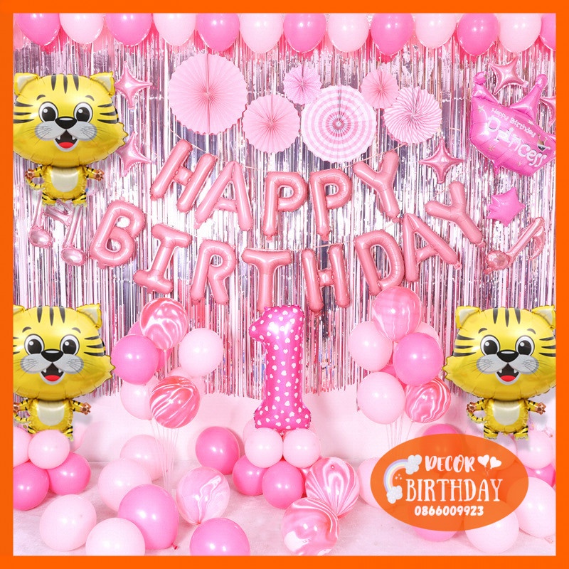 Set Trang Trí Sinh Nhật TUỔI HỔ Cho Bé Gái, Trang Trí Đầy Tháng Bé 2022, Đầy Đủ Như Hình Tặng Kèm Đồ Bơm Băng Dính