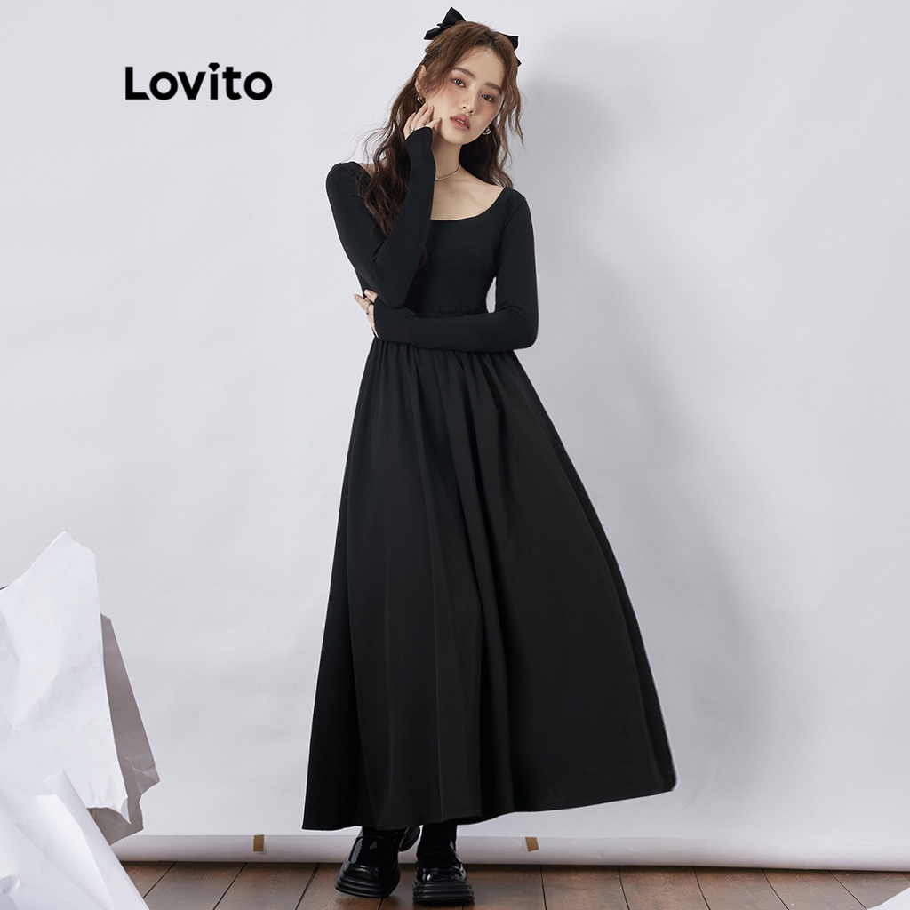 19de-Lovito Thường Thường Vải Nối Cơ bản Dài tay Nữ Váy L37AD036 (Đen)
