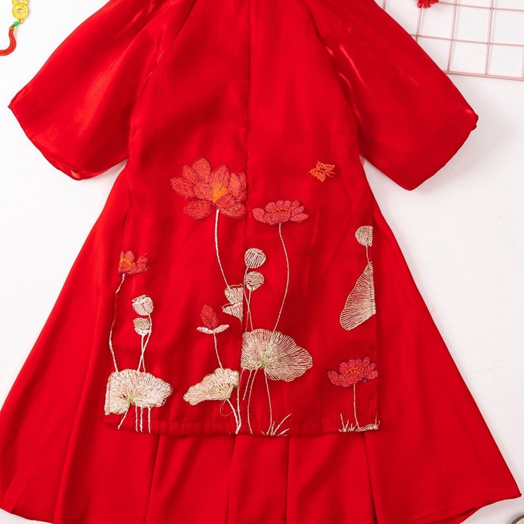 Sét áo dài cách tân cho bé gái thêu hoa sen cho trẻ em ful size 2-9 tuổi