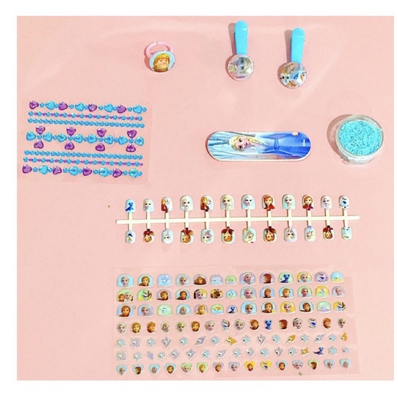 Bộ móng tay giả kèm sơn sticker dán móng cho bé dễ thương Elsa Công chúa Elsa Ariel Sophia Peppa Pony Unicorn