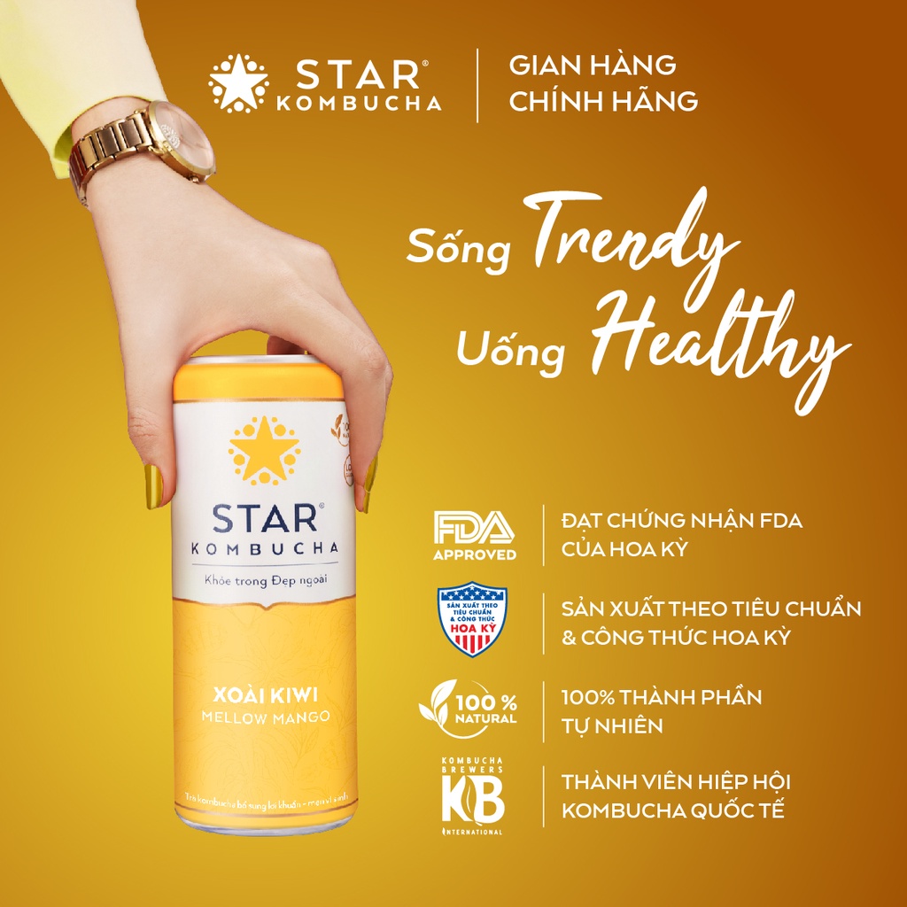 Thùng 12 lon STAR KOMBUCHA Xoài Kiwi / Mellow Mango (250ml/lon) - Trà lên men chứa probiotics tốt cho hệ tiêu hóa