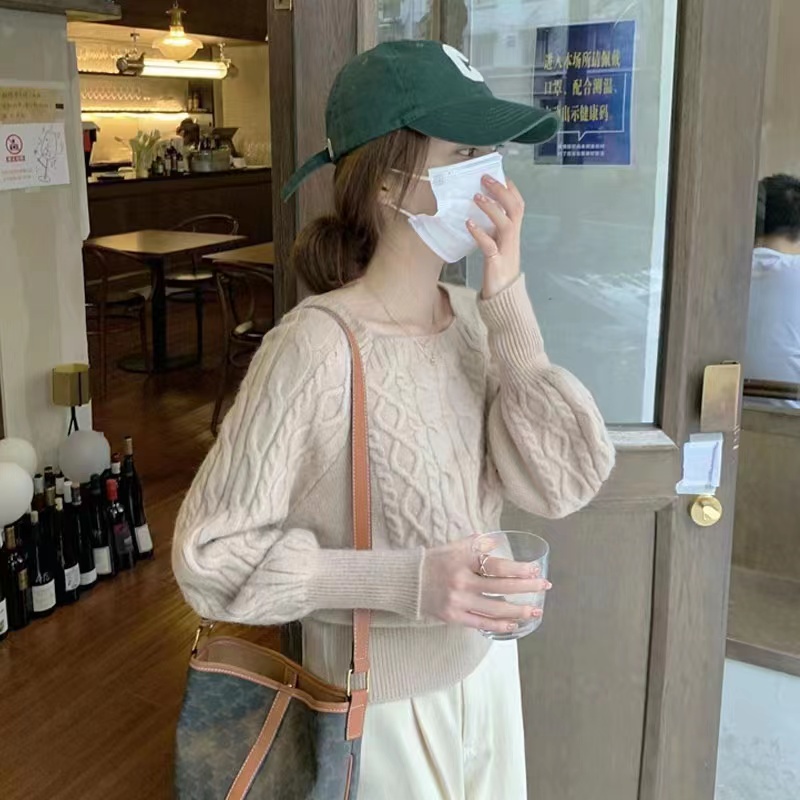 Áo dệt kim SUXI cổ vuông dáng rộng phong cách vintage Hàn Quốc thời trang thu đông cho nữ