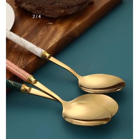 Sét 6 thìa dĩa ăn mạ vàng sang trọng cán cầm sứ cẩm thạch trang trí bàn ăn gia đình, nhà hàng phong cách hiện đại