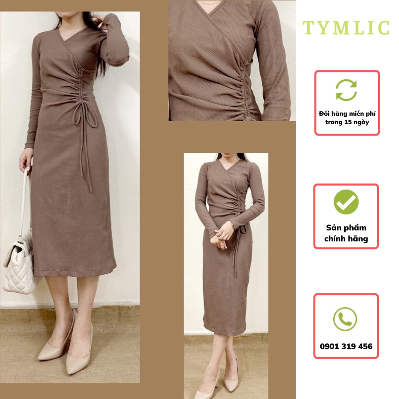 Đầm Gân Midi Rút Eo Màu Nâu Dài Tay TYMLIC