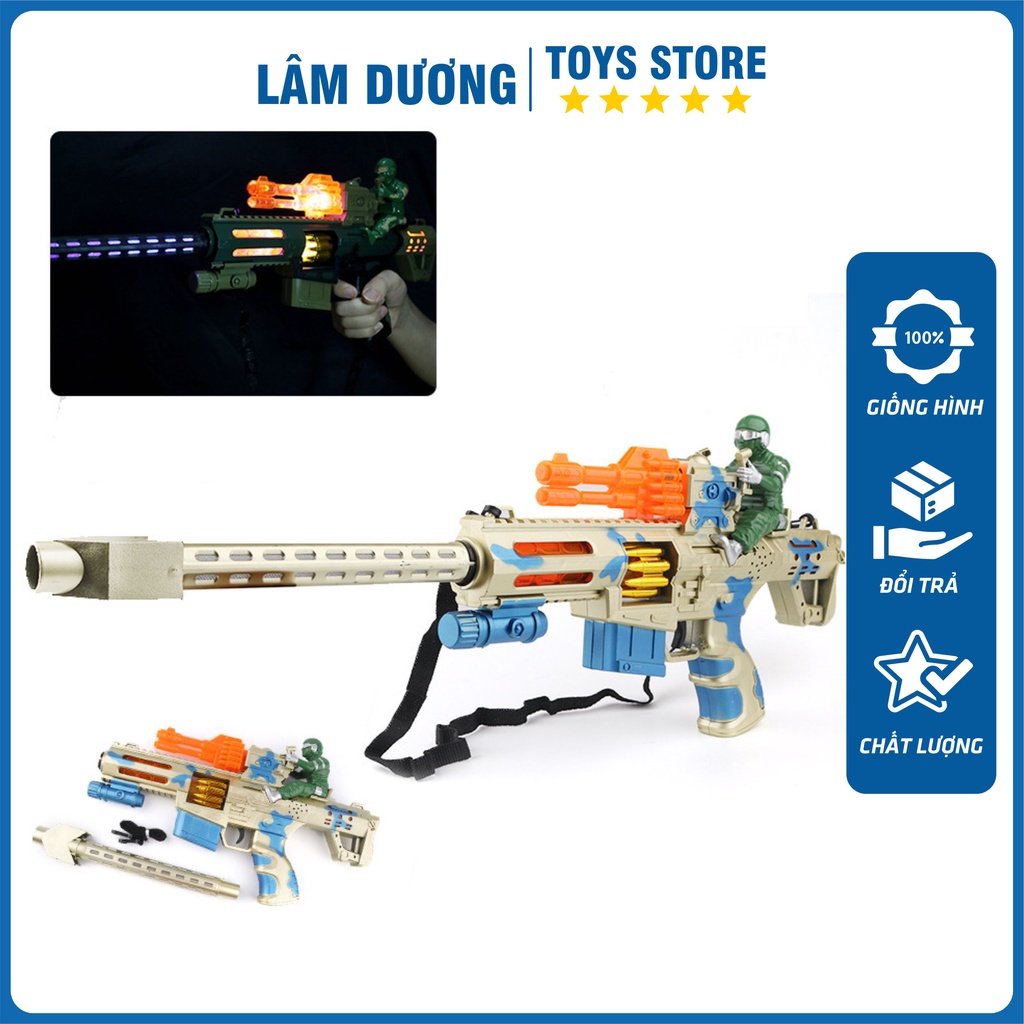 Súng nhựa đồ chơi mẫu lính xanh dùng pin có nhạc đèn rung lắc liên thanh hấp dẫn cho bé kèm dây đeo