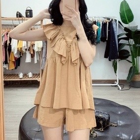 Đồ bộ nữ mặc nhà MADELA bánh bèo vai bồng tay ngắn, set babydoll màu trắng nâu không tay