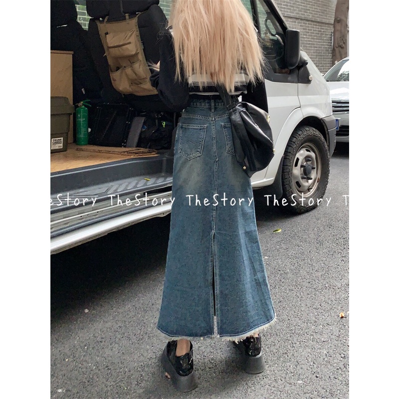 Chân váy jean dài có tua rua dưới gấu  CV354, CV356