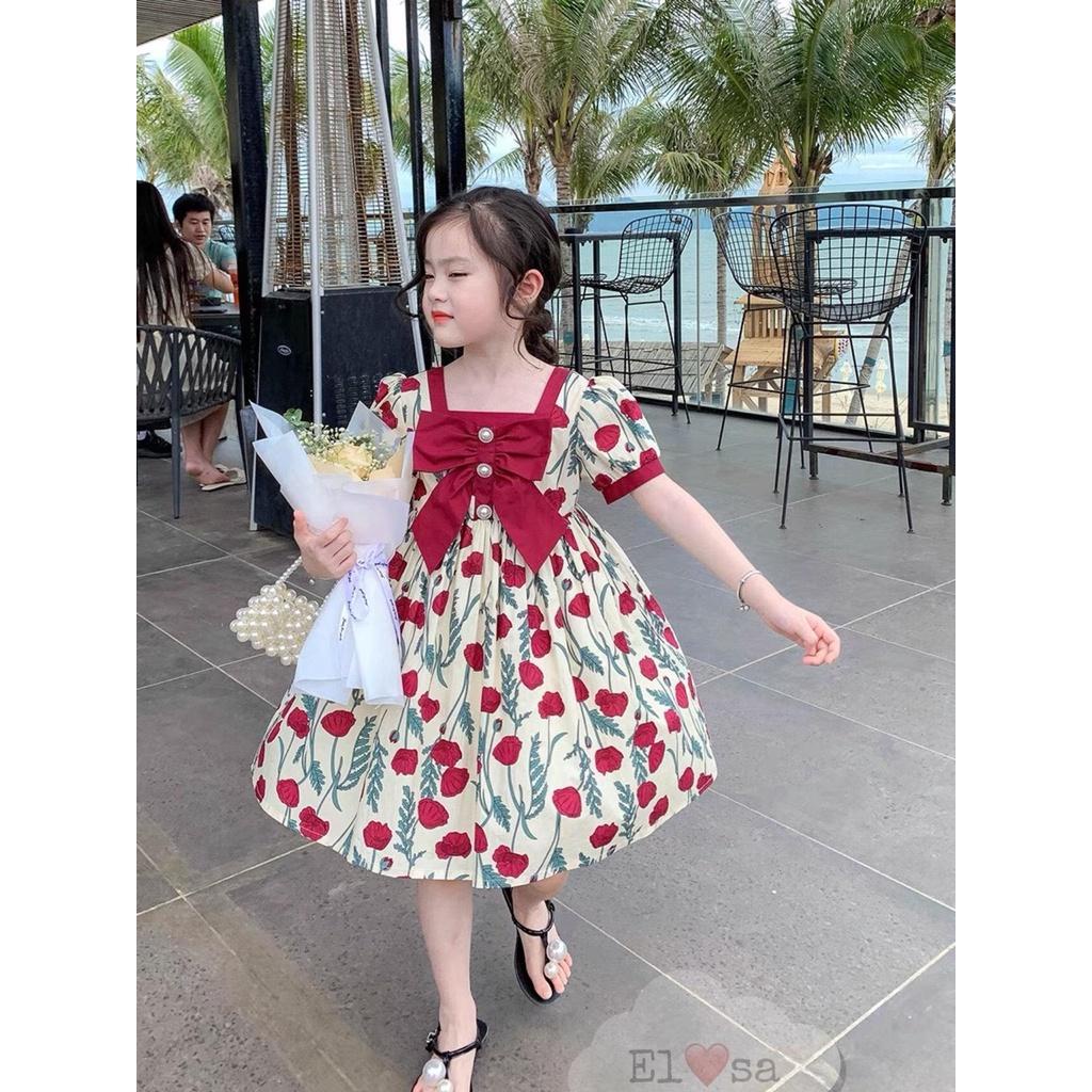 Váy Bé Gái Họa Tiết Hoa Đỏ Tylip Gắn Nơ Ngực Xinh Xắn Cho Bé 8-25kg (1-8 tuổi)