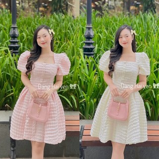 Váy Candy xốp lót voan mềm đính cúc đá cao cấp tiểu thư