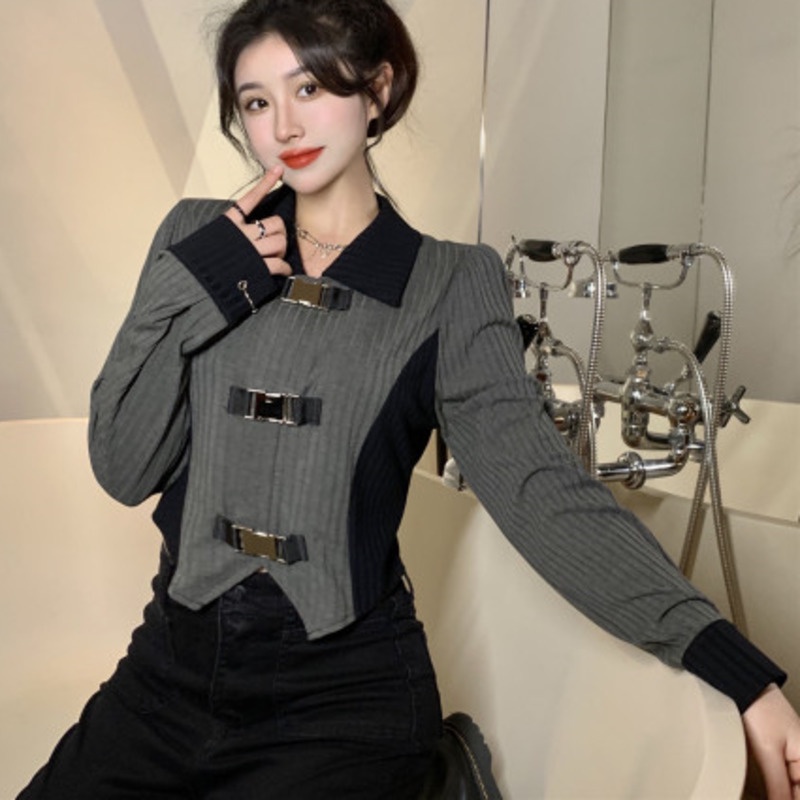 Áo Sơ Mi Nữ Tay Dài Màu Tương Phản Phong Cách Hàn Quốc Thời Trang