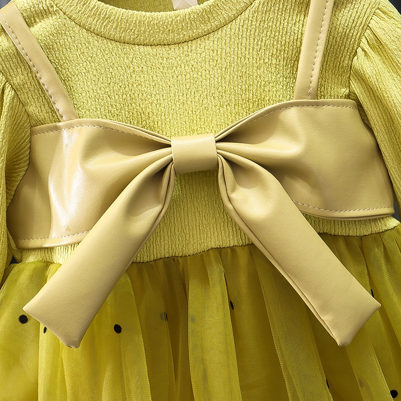 Đầm Công Chúa Vải Tuyn Tay Dài Cổ Tròn Màu Trơn Đính Nơ Phối Da Dễ Thương Thời Trang Xuân Thu Cho Bé Gái 0-3 Tuổi