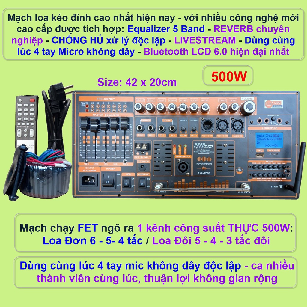 Mạch loa kéo 4 tấc đơn 500W Reverb chống hú DSP Livestream Equalizer 5 Band chạy FET IRFB32N15D kèm led nháy