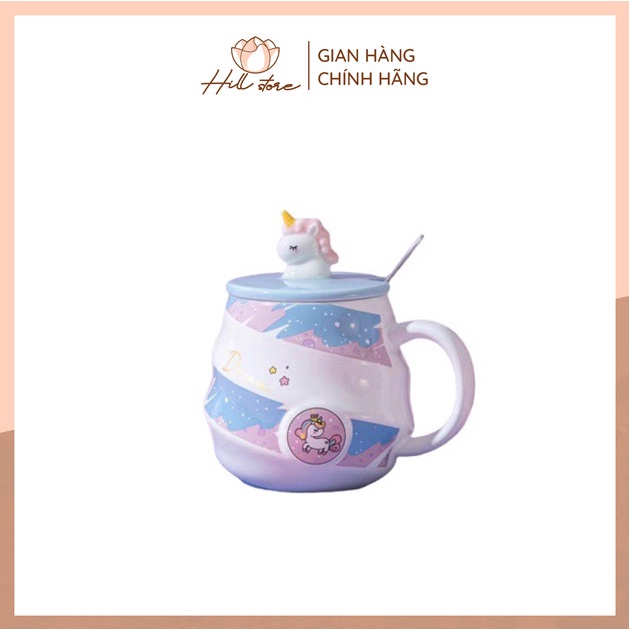 Cốc sứ văn phòng giữ nhiệt nóng lạnh 450ml, ly sứ uống nước ngựa unicorn cute dễ thương có nắp đậy bằng sứ + muỗng