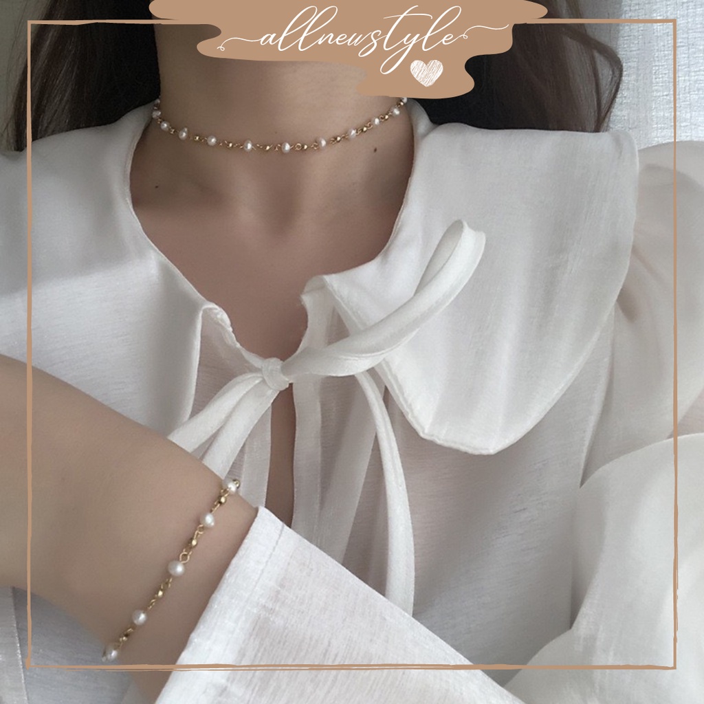 Vòng tay &amp; vòng cổ thép chuỗi hạt ngọc trai nuôi nhân tạo Allnewstyle