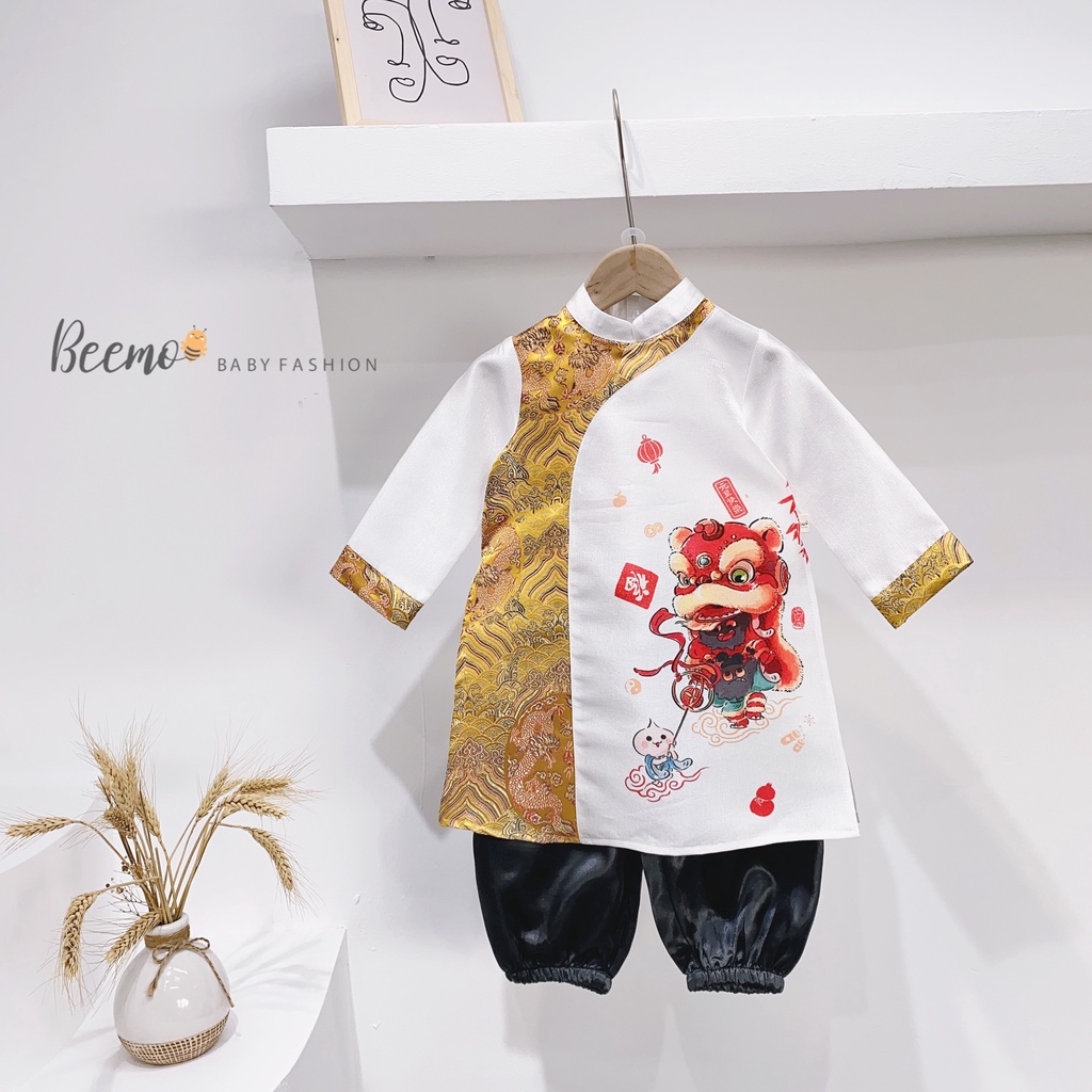 Set Áo Dài Bé Trai Phối Gấm In Hình Lân Và Quần Dài Đen