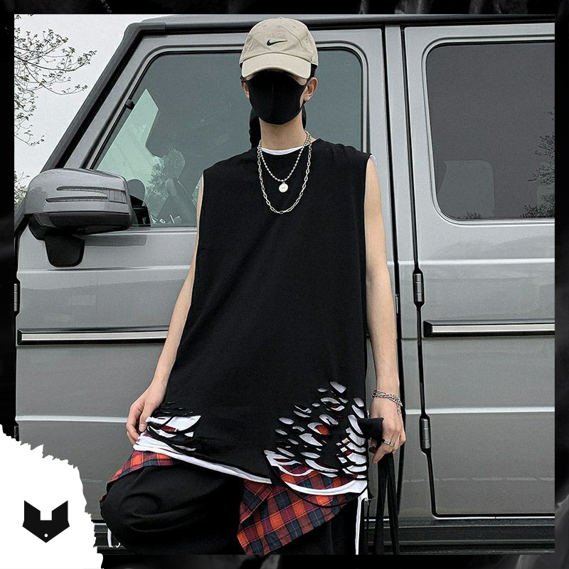 Áo tanktop 95% cotton rách gấu tạo layer đen trắng - Áo ba lỗ bóng rổ unisex nam nữ